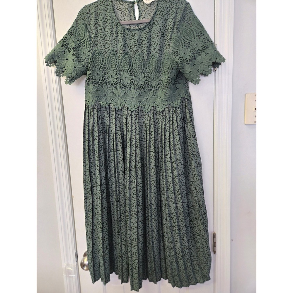 Sage Green Floral Lace Pleated Midi Dress Small‎ Cottagecore Garden Party